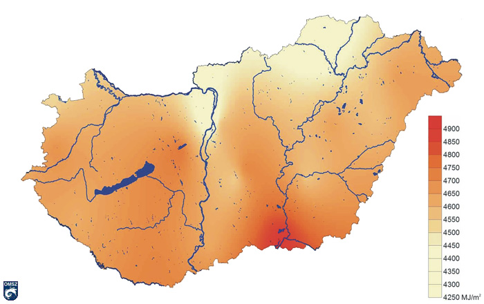 Magyarország térképe a napsugárzás elosztásáról