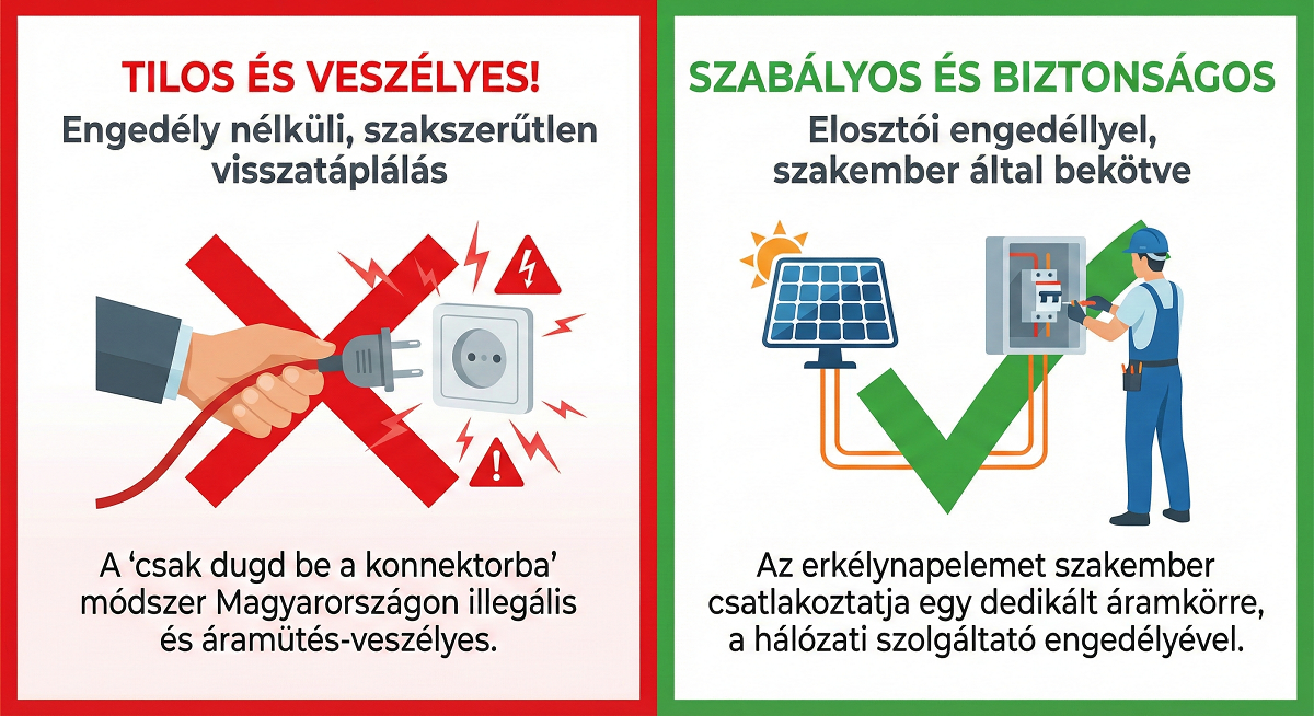 Infografika, amely összehasonlítja a szabályos és a szabálytalan erkélynapelem bekötést.