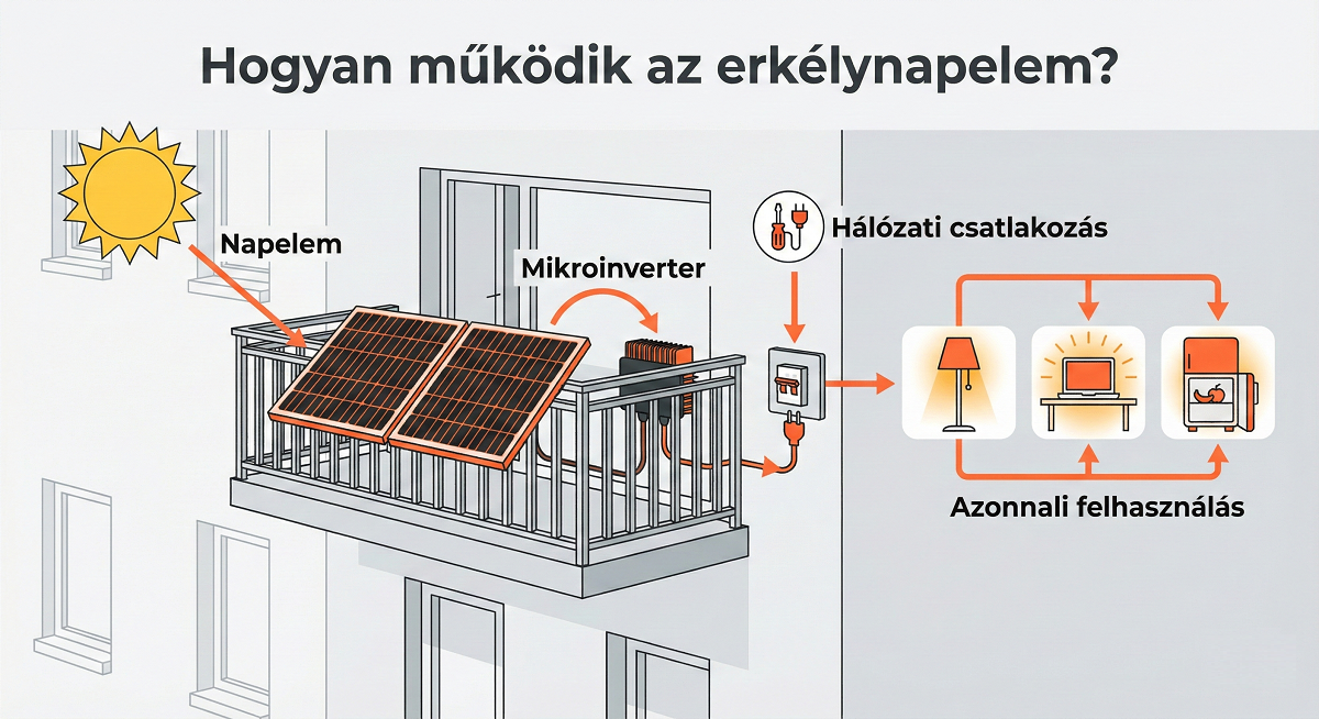 Infografika, amely bemutatja az erkélynapelem rendszer felépítését és működési elvét.