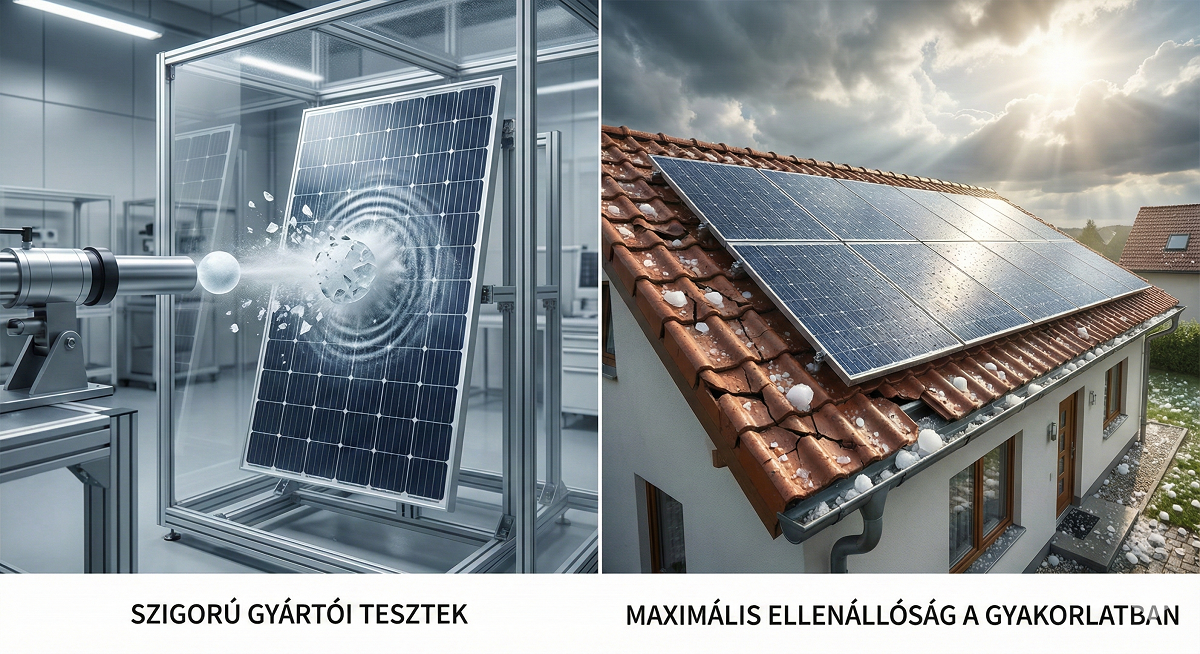 Illusztráció a napelemek jégesőállósági tesztjéről és ellenállóságáról.