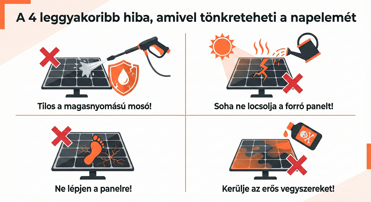 Infografika a napelem tisztítás során elkövethető leggyakoribb hibákról.