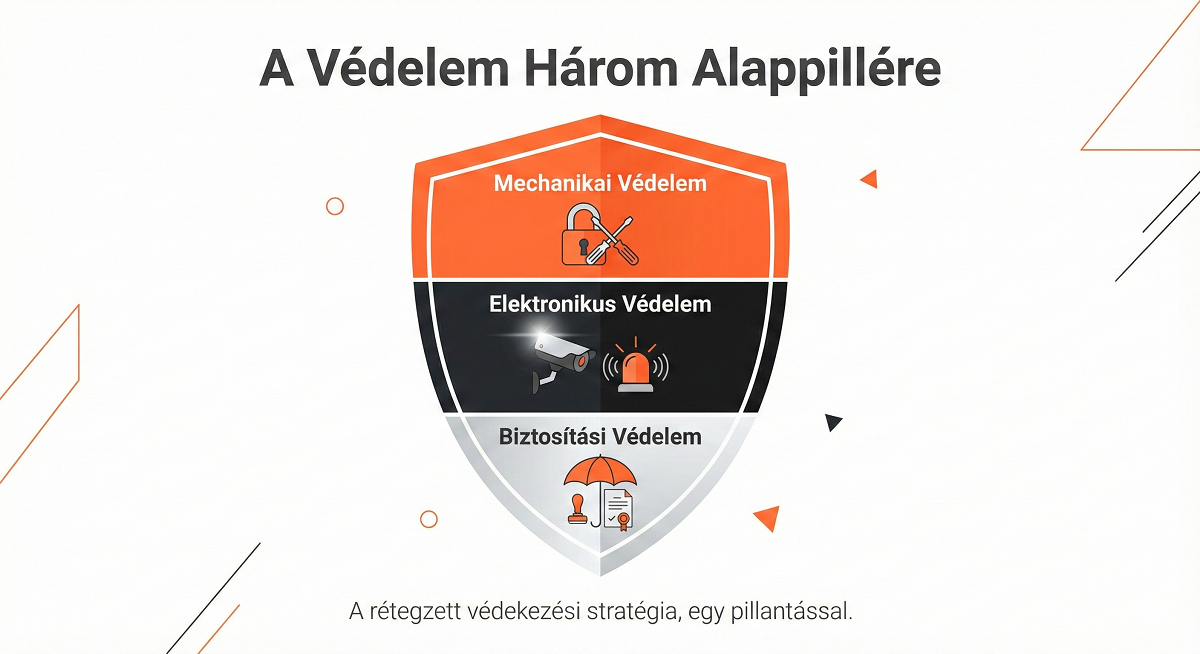 Infografika a napelem rendszer védelmének három szintjéről: mechanikai, elektronikus és biztosítási védelem.