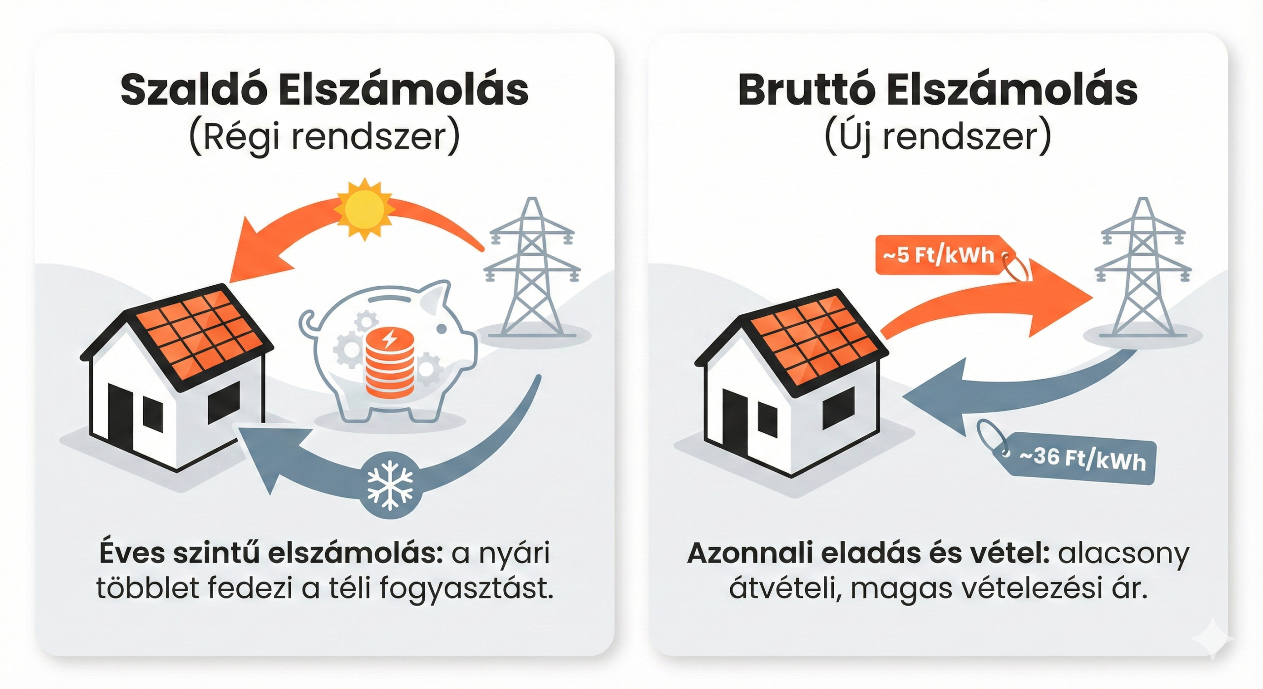 Infografika, amely összehasonlítja a szaldós és a bruttó napelemes elszámolást.